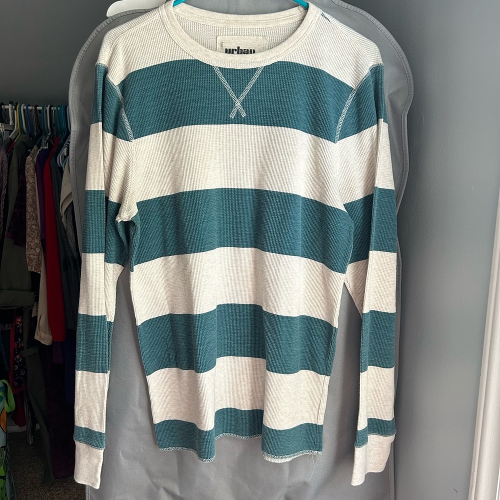 Urban Pipeline Waffle Knit Thermal Henley Long Sleeve Shirt Teal/Oatmeal Stripe